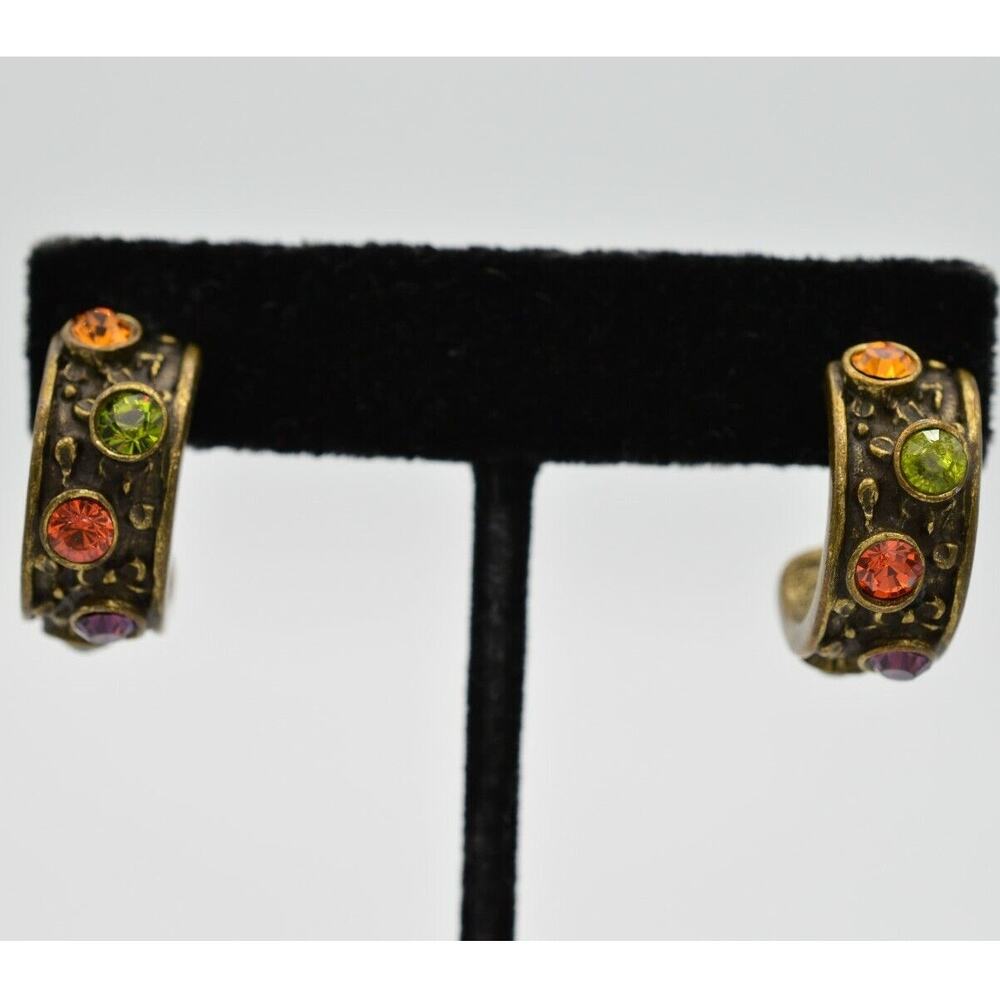Vintage Crystal Hoop Earrings Rhinestone Purple Orange Green Antiqued 1980s Bin1